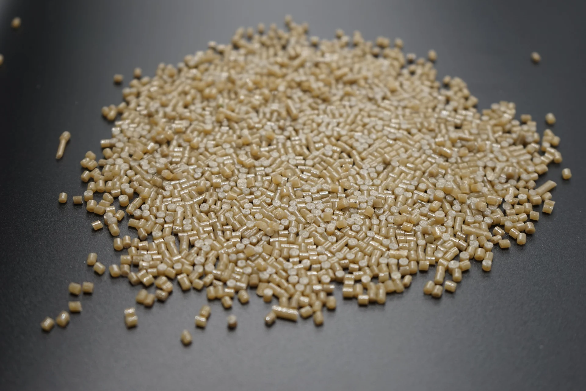Angled view of beige plastic pellets on a dark surface